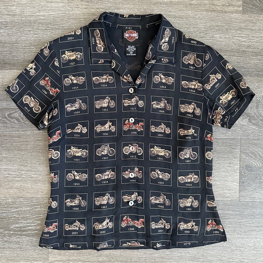 Harley Davidson vintage biker y2k unique motorcycle print 100% silk blouse top